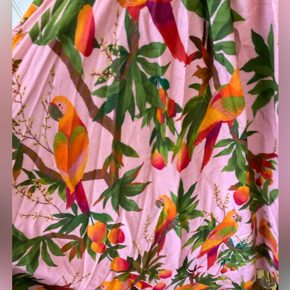 Farm Rio Mango Tree Parrot Smocked Midi Dress Pink Tropical Tie Shoulder Large - Picture 5 of 5